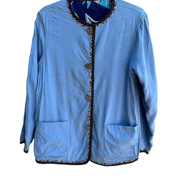 Koos Of Course Vintage Womens Reversible Blue Floral Silk Button Jacket Blazer S - Picture 4 of 11
